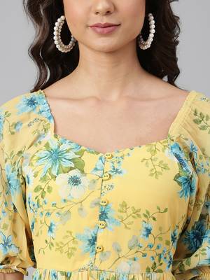 Yellow printed georgette long-dresses 3
