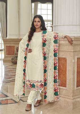 Off White Color Net Fabric Salwar Suit In Georgette Fabric With Embroidery As 1