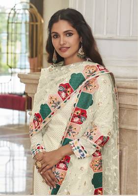Off White Color Net Fabric Salwar Suit In Georgette Fabric With Embroidery As 2