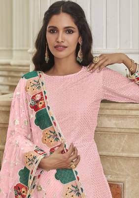 Pink Color Net Fabric Salwar Suit In Georgette Fabric With Embroidery As 2
