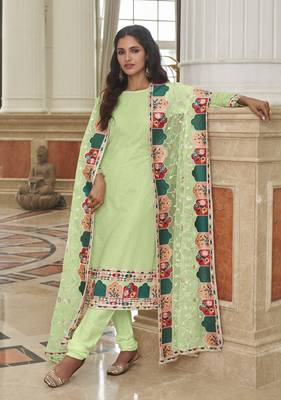 Pista Green Color Net Fabric Salwar Suit In Georgette Fabric With Embroidery As 1