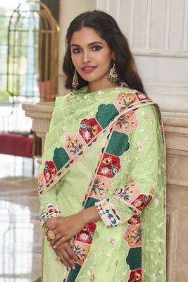 Pista Green Color Net Fabric Salwar Suit In Georgette Fabric With Embroidery As 2