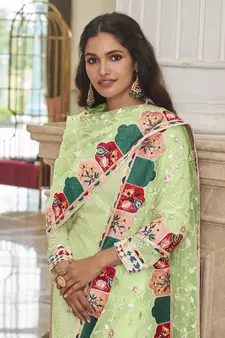 Pista Green Color Net Fabric Salwar Suit In Georgette Fabric With Embroidery As
