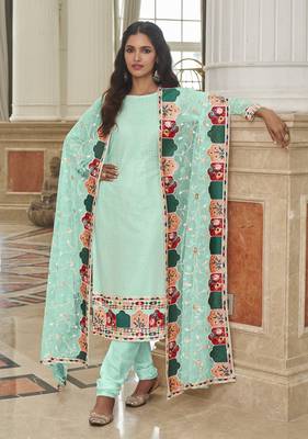 Sky Color Net Fabric Salwar Suit In Georgette Fabric With Embroidery As 1