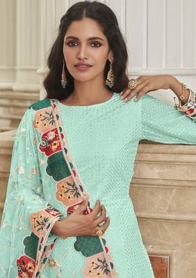 Sky Color Net Fabric Salwar Suit In Georgette Fabric With Embroidery As 2