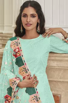 Sky Color Net Fabric Salwar Suit In Georgette Fabric With Embroidery As