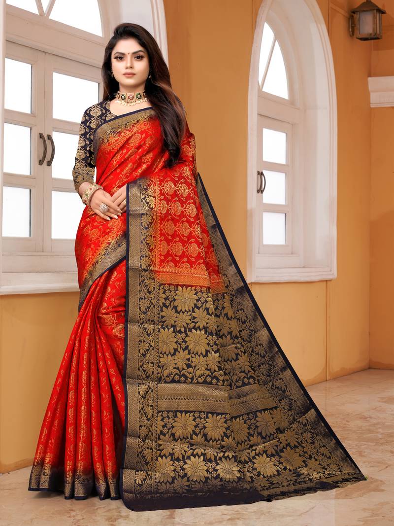 Red woven nylon saree with blouse