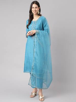 Teal thread embroidery pure silk salwar 1