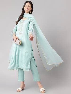 Light-green thread embroidery pure silk salwar 4