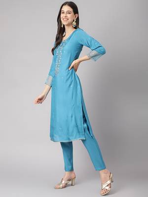 Teal thread embroidery pure silk salwar 2