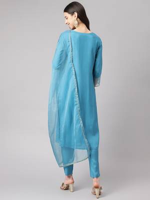 Teal thread embroidery pure silk salwar 3