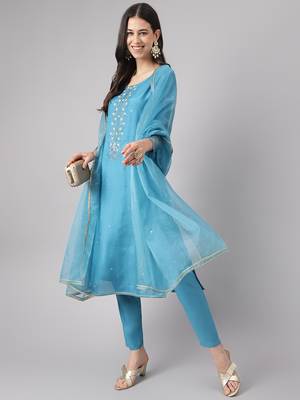 Teal thread embroidery pure silk salwar 4