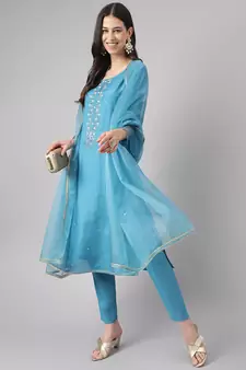 Teal thread embroidery pure silk salwar