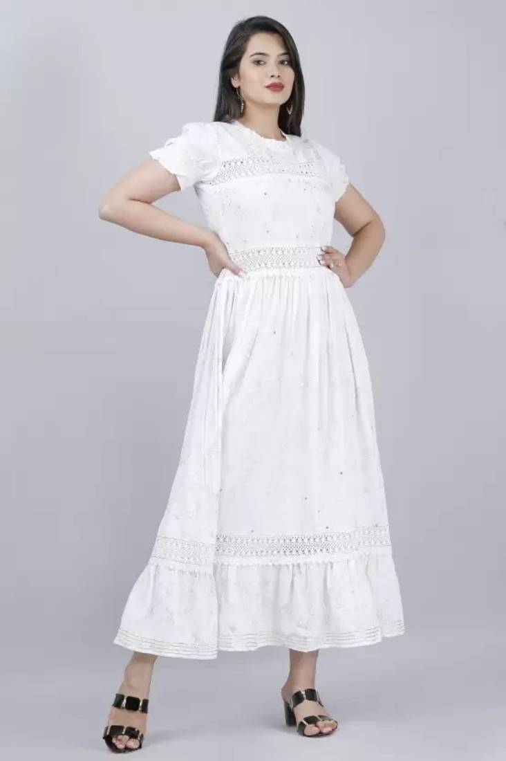 Women's Rayon Printed Fit & Flared Long Dress