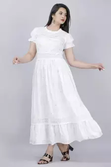 Women's Rayon Printed Fit & Flared Long Dress