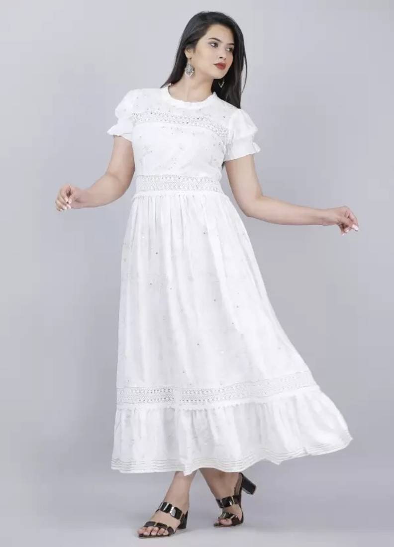 Women's Rayon Printed Fit & Flared Long Dress