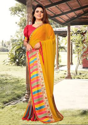 Yellow Printed Georgette Saree With Blouse 1