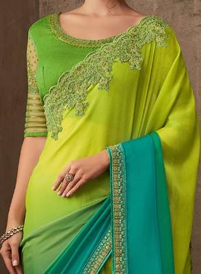 Lemon embroidered silk blend saree with blouse 3
