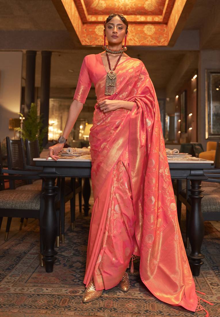 Coral woven silk saree with blouse