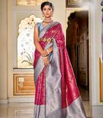Rani pink woven silk saree with blouse