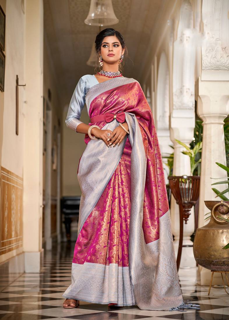 Magenta woven silk saree with blouse