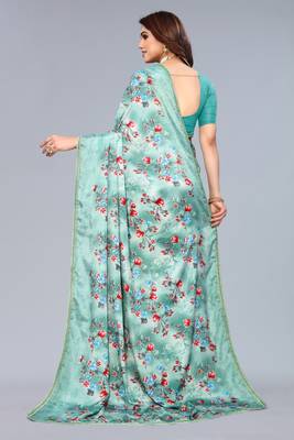 Sea green printed art soft silk saree with blouse 2