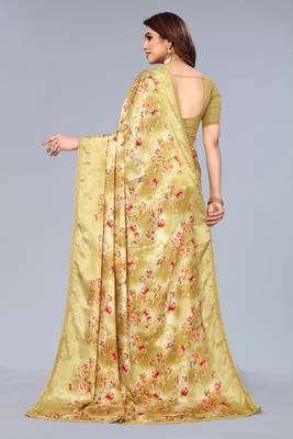 Mustard printed art silk saree with blouse 1