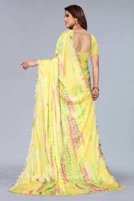 Yellow printed art silk saree with blouse 1