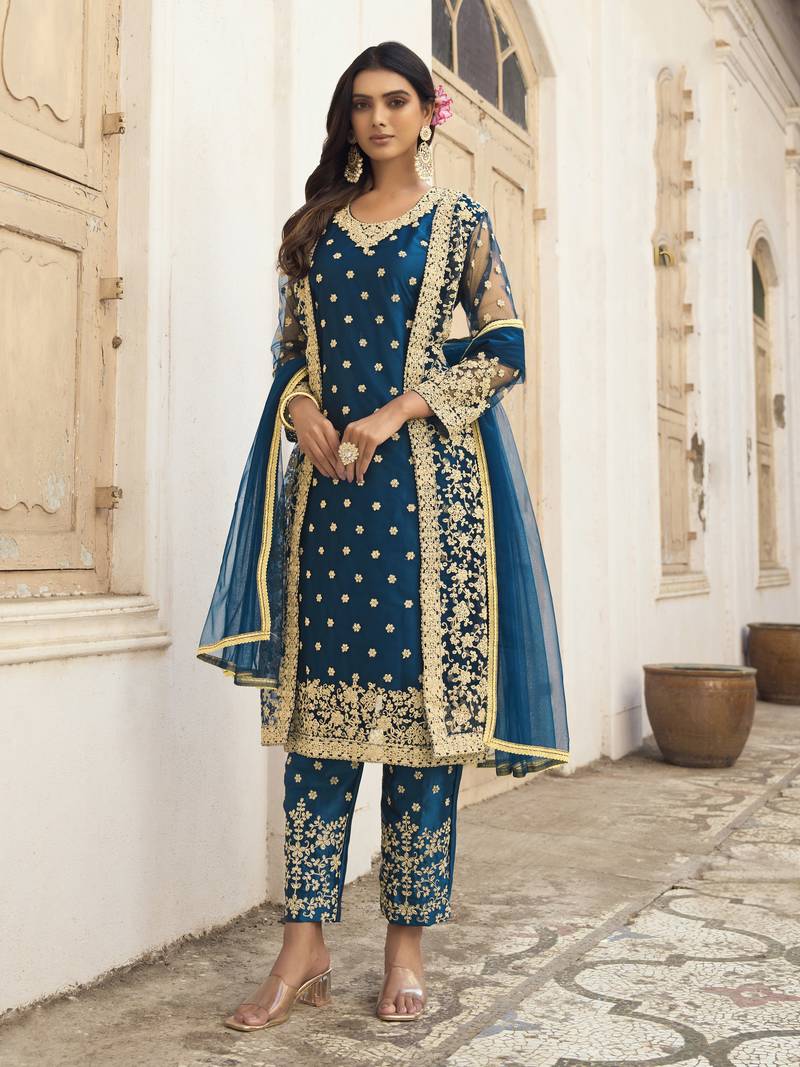 Blue embroidered net salwar