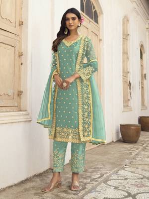 Sea-green embroidered net salwar 1