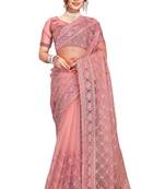 Pink embroidered net saree with blouse