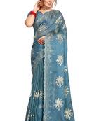 Sky blue embroidered organza saree with blouse