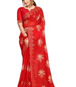 Red embroidered organza saree with blouse