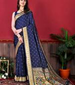 Navy Blue Woven Silk Blend Saree With Blouse