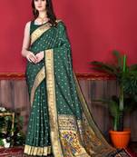 Dark Green Woven Silk Blend Saree With Blouse