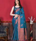 Blue Woven Katan Silk Blend Saree With Blouse