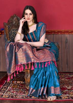 Blue Woven Katan Silk Blend Saree With Blouse 2