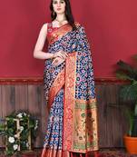 Blue Woven Silk Blend Saree With Blouse