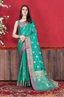 Teal Woven Katan Silk Blend Saree With Blouse