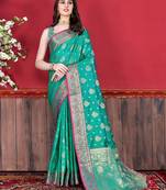 Teal Woven Katan Silk Blend Saree With Blouse