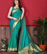 Teal Woven Silk Blend Saree With Blouse