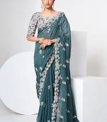 Light Turquoise Zari Dori And Thread Embroidered Organza Party Wear Festival Saree