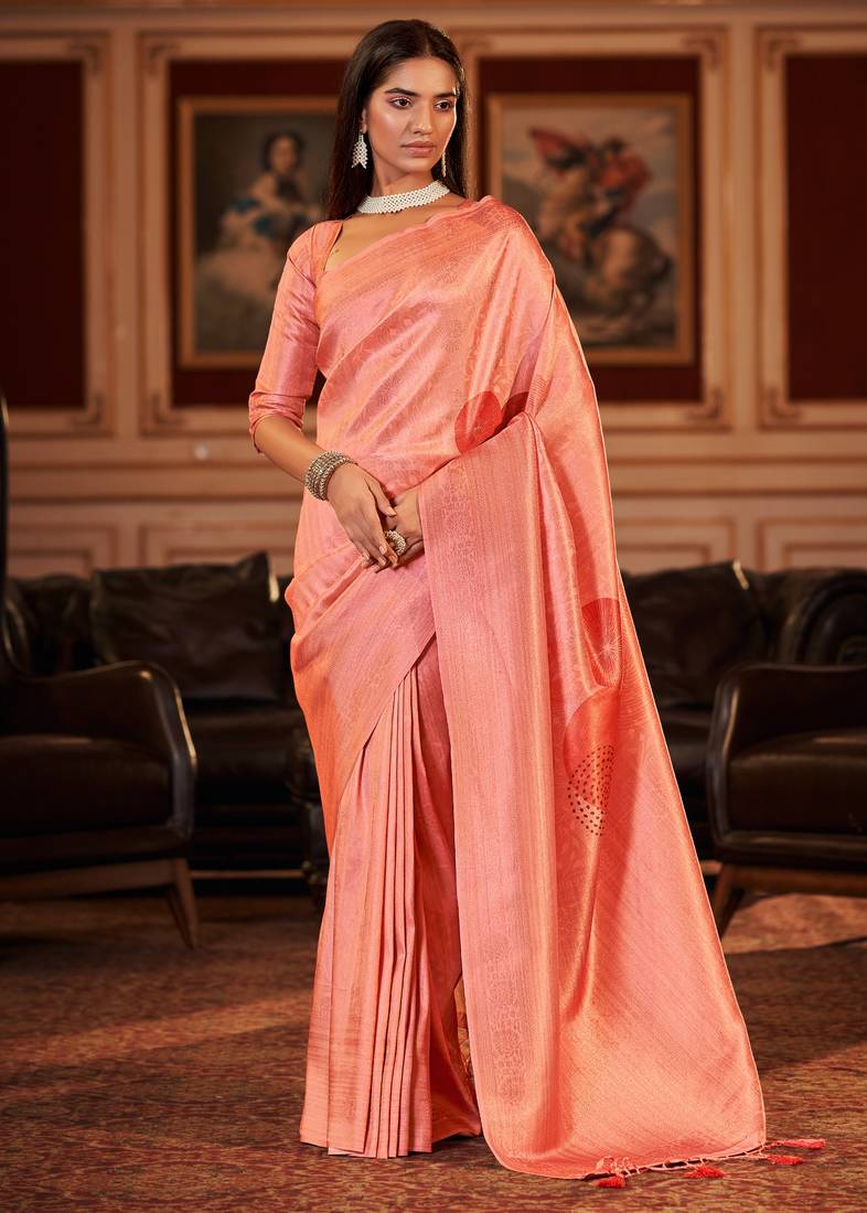 Light salmon printed silk saree with blouse