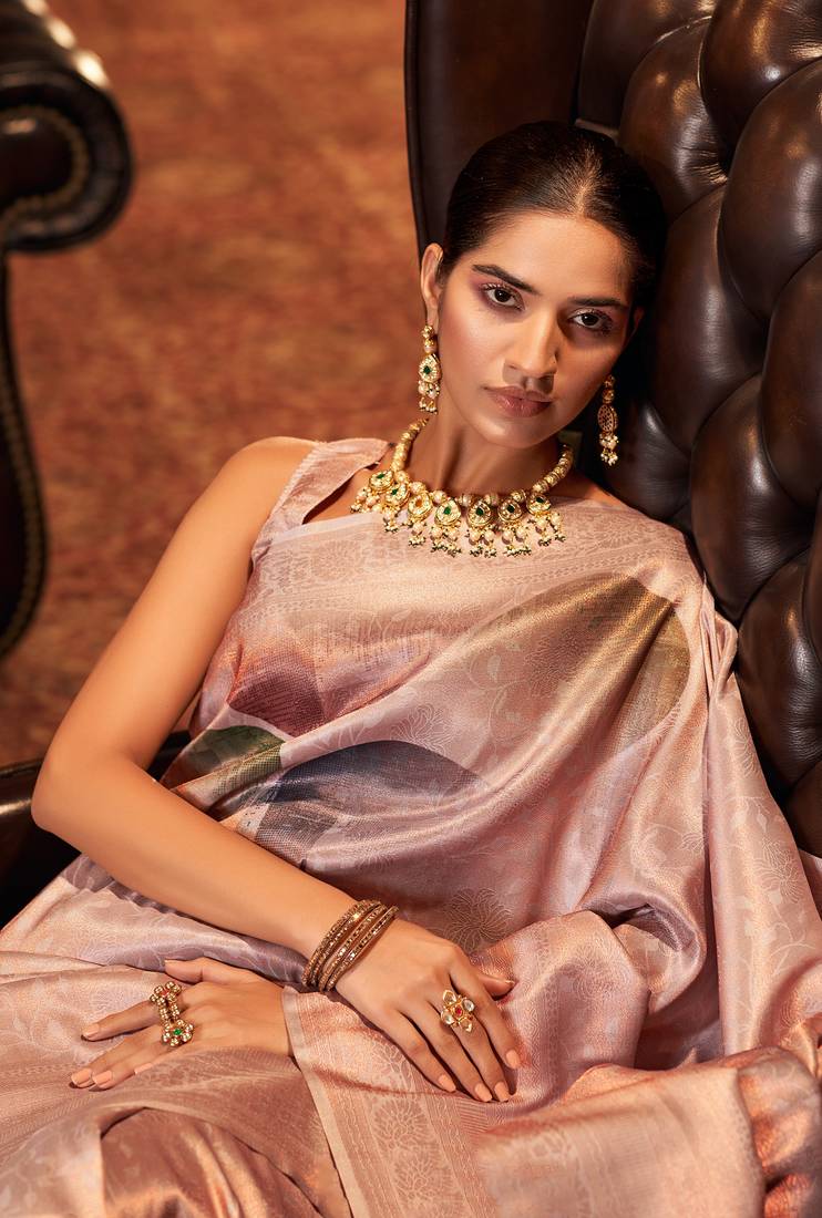 Onion pink printed silk saree with blouse