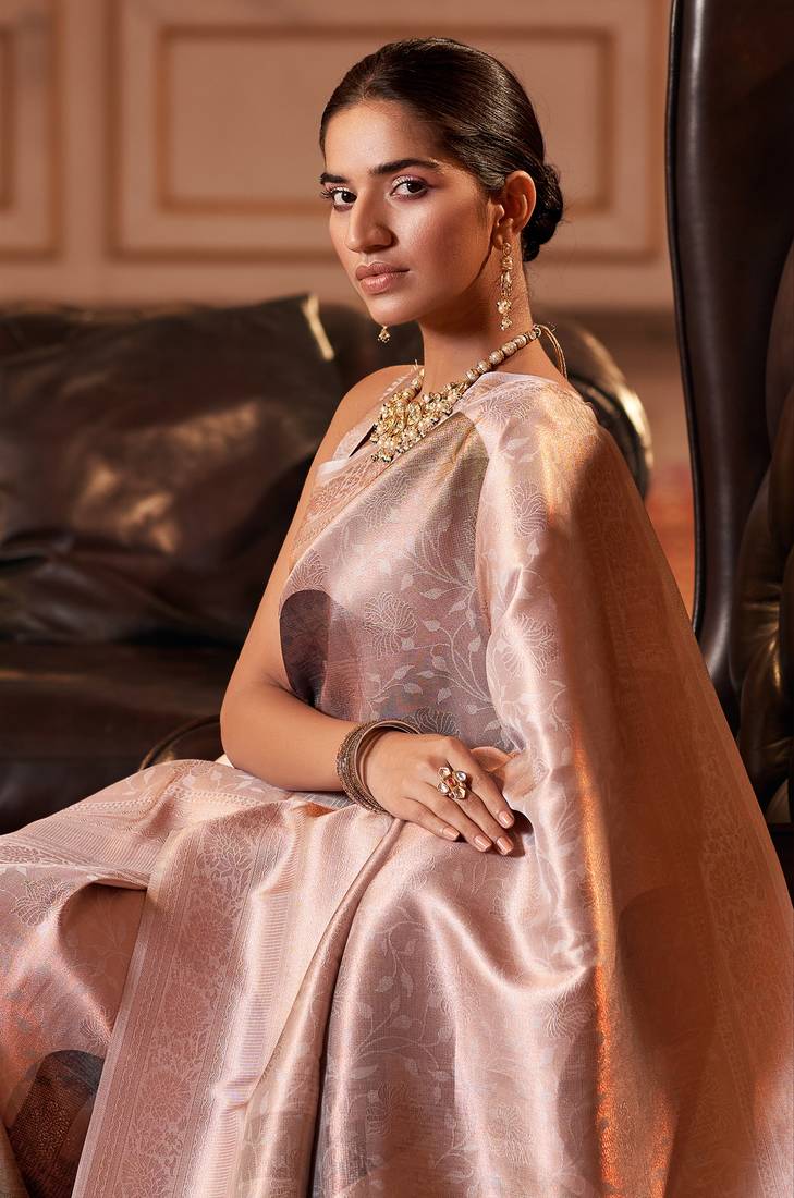 Onion pink printed silk saree with blouse
