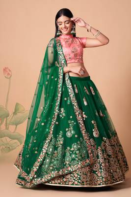 Ravishing  Green & Peach Net Thread Zari And Sequins Embroidery With Mirror Wedding Designer Lehenga Choli With Dupatta 1