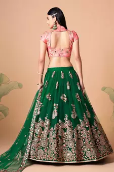Ravishing  Green & Peach Net Thread Zari And Sequins Embroidery With Mirror Wedding Designer Lehenga Choli With Dupatta