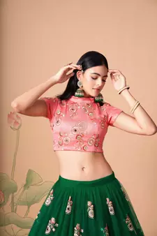 Ravishing  Green & Peach Net Thread Zari And Sequins Embroidery With Mirror Wedding Designer Lehenga Choli With Dupatta