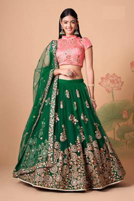 Ravishing  Green & Peach Net Thread Zari And Sequins Embroidery With Mirror Wedding Designer Lehenga Choli With Dupatta 5