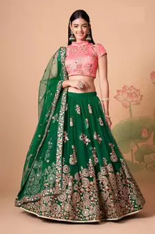 Ravishing  Green & Peach Net Thread Zari And Sequins Embroidery With Mirror Wedding Designer Lehenga Choli With Dupatta